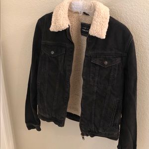 Mens Fleece Lined Denim Trucker Jacket Cowboy Coat